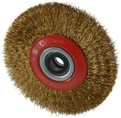 Value Collection - 5" OD, 3/4" Arbor Hole, Crimped Brass-Coated Steel Wheel Brush - 11/16" Face Width, 1-3/32" Trim Length, 0.014" Filament Diam, 6,000 RPM - Makers Industrial Supply