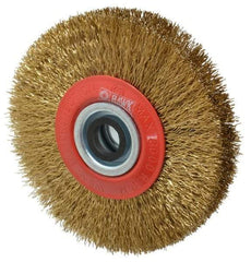 Value Collection - 5" OD, 3/4" Arbor Hole, Crimped Brass-Coated Steel Wheel Brush - 1" Face Width, 1-3/32" Trim Length, 0.014" Filament Diam, 6,000 RPM - Makers Industrial Supply