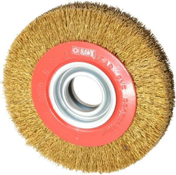 Value Collection - 6" OD, 1-1/4" Arbor Hole, Crimped Brass-Coated Steel Wheel Brush - 1" Face Width, 1-1/8" Trim Length, 0.014" Filament Diam, 6,000 RPM - Makers Industrial Supply