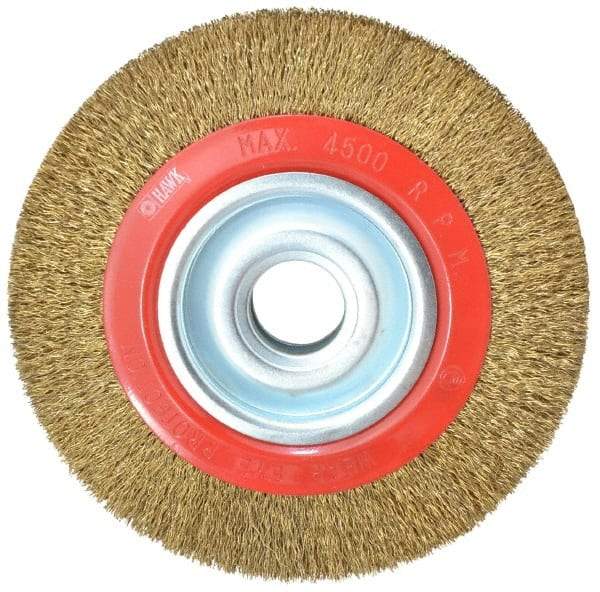 Value Collection - 8" OD, 1-1/4" Arbor Hole, Crimped Brass-Coated Steel Wheel Brush - 1" Face Width, 1-11/32" Trim Length, 0.014" Filament Diam, 4,500 RPM - Makers Industrial Supply