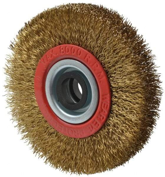 Value Collection - 4" OD, 3/4" Arbor Hole, Crimped Brass-Coated Steel Wheel Brush - 5/8" Face Width, 11/16" Trim Length, 0.012" Filament Diam, 8,000 RPM - Makers Industrial Supply