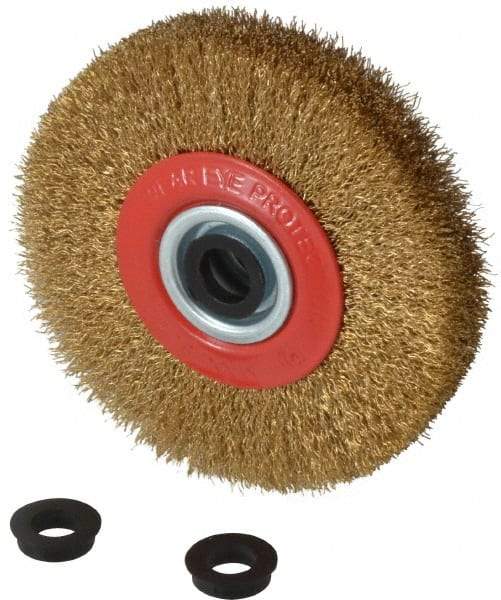 Value Collection - 5" OD, 3/4" Arbor Hole, Crimped Brass-Coated Steel Wheel Brush - 1" Face Width, 1-3/32" Trim Length, 0.012" Filament Diam, 6,000 RPM - Makers Industrial Supply