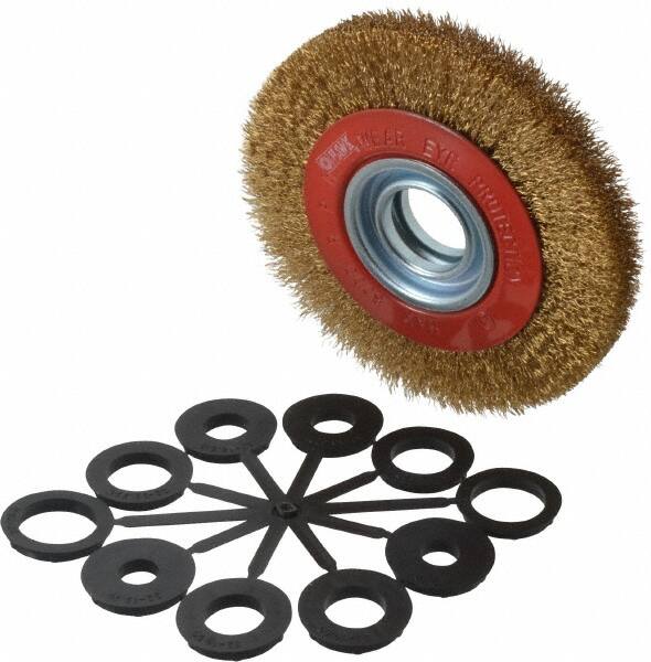 Value Collection - 6" OD, 1-1/4" Arbor Hole, Crimped Brass-Coated Steel Wheel Brush - 11/16" Face Width, 1-1/8" Trim Length, 0.012" Filament Diam, 6,000 RPM - Makers Industrial Supply