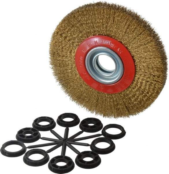 Value Collection - 7" OD, 1-1/4" Arbor Hole, Crimped Brass-Coated Steel Wheel Brush - 1" Face Width, 1-1/2" Trim Length, 0.012" Filament Diam, 6,000 RPM - Makers Industrial Supply