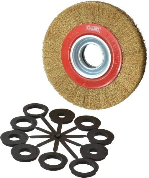 Value Collection - 6" OD, 1-1/4" Arbor Hole, Crimped Brass-Coated Steel Wheel Brush - 11/16" Face Width, 1-1/8" Trim Length, 0.007" Filament Diam, 6,000 RPM - Makers Industrial Supply