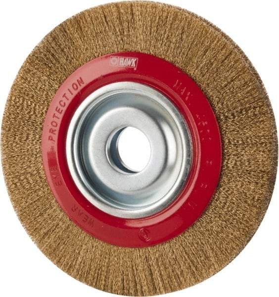 Value Collection - 8" OD, 1-1/4" Arbor Hole, Crimped Brass-Coated Steel Wheel Brush - 3/4" Face Width, 1-11/32" Trim Length, 0.007" Filament Diam, 4,500 RPM - Makers Industrial Supply