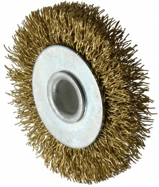 Value Collection - 2" OD, 3/8" Arbor Hole, Crimped Brass-Coated Steel Wheel Brush - 9/32" Face Width, 3/8" Trim Length, 0.012" Filament Diam, 4,500 RPM - Makers Industrial Supply