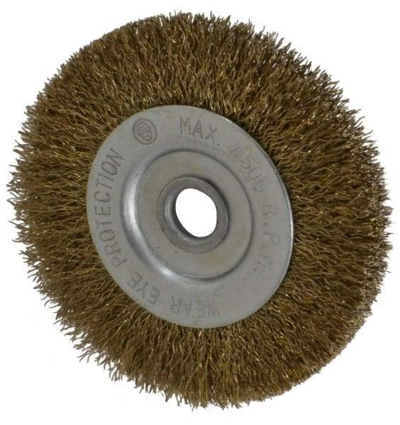 Value Collection - 3" OD, 3/8" Arbor Hole, Crimped Brass-Coated Steel Wheel Brush - 3/8" Face Width, 5/8" Trim Length, 0.007" Filament Diam, 4,500 RPM - Makers Industrial Supply