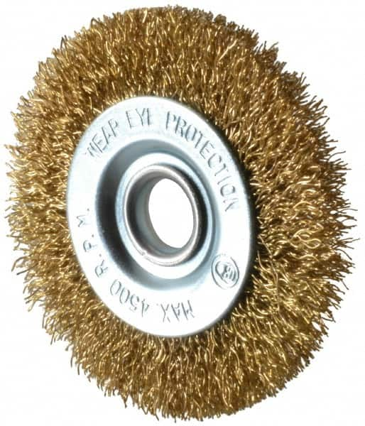 Value Collection - 3" OD, 1/2" Arbor Hole, Crimped Brass-Coated Steel Wheel Brush - 3/8" Face Width, 5/8" Trim Length, 0.012" Filament Diam, 4,500 RPM - Makers Industrial Supply