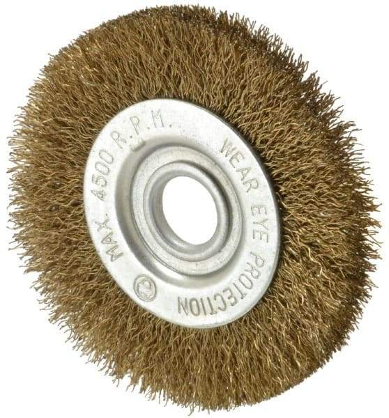 Value Collection - 3" OD, 1/2" Arbor Hole, Crimped Brass-Coated Steel Wheel Brush - 3/8" Face Width, 5/8" Trim Length, 0.007" Filament Diam, 4,500 RPM - Makers Industrial Supply