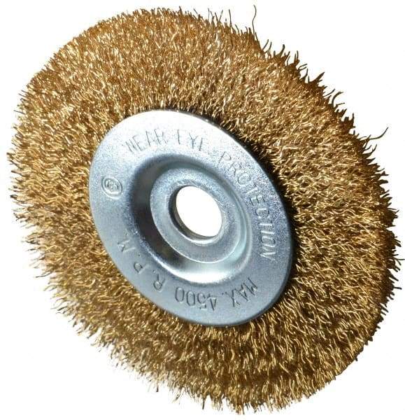 Value Collection - 4" OD, 1/2" Arbor Hole, Crimped Brass-Coated Steel Wheel Brush - 1/2" Face Width, 7/8" Trim Length, 0.012" Filament Diam, 4,500 RPM - Makers Industrial Supply