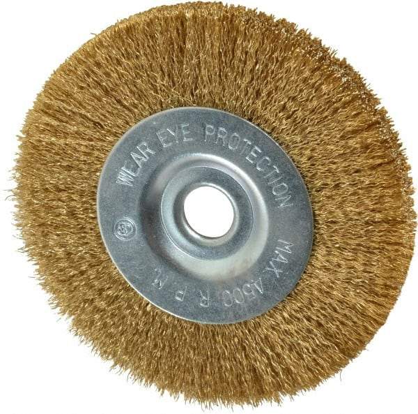 Value Collection - 4" OD, 1/2" Arbor Hole, Crimped Brass-Coated Steel Wheel Brush - 1/2" Face Width, 7/8" Trim Length, 0.007" Filament Diam, 4,500 RPM - Makers Industrial Supply