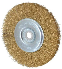 Value Collection - 5" OD, 5/8" Arbor Hole, Crimped Brass-Coated Steel Wheel Brush - 1/2" Face Width, 3/4" Trim Length, 0.012" Filament Diam, 3,750 RPM - Makers Industrial Supply