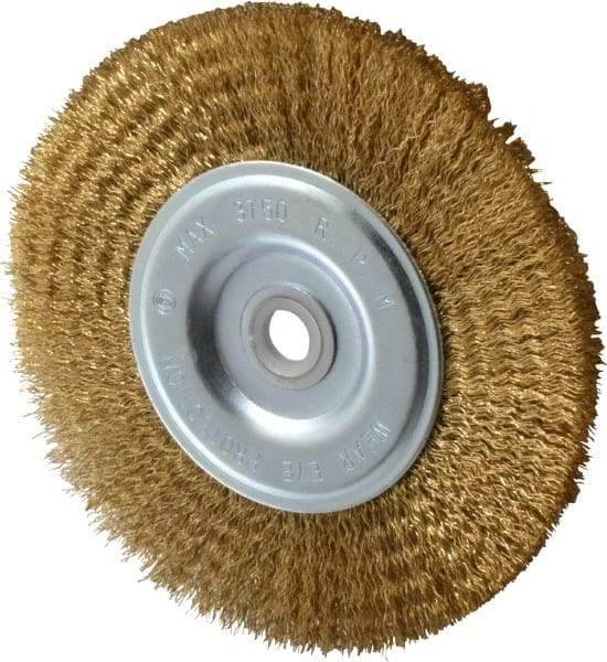 Value Collection - 6" OD, 5/8" Arbor Hole, Crimped Brass-Coated Steel Wheel Brush - 1/2" Face Width, 1-3/8" Trim Length, 0.012" Filament Diam, 3,750 RPM - Makers Industrial Supply