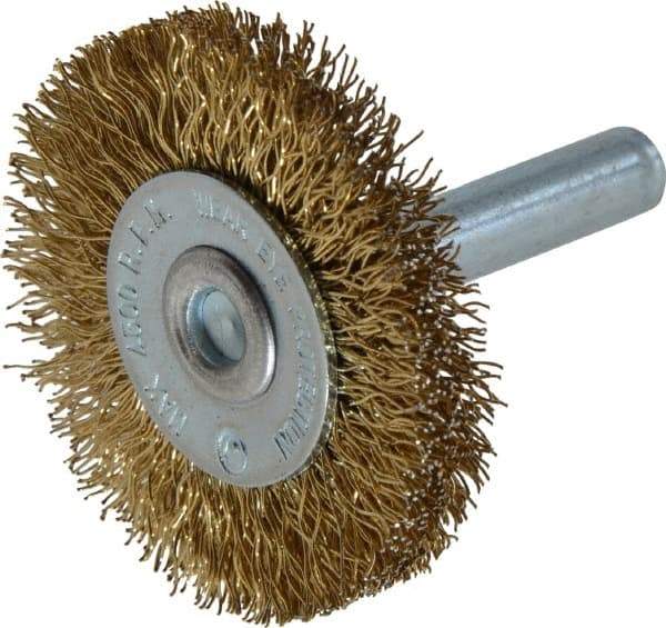 Value Collection - 1-5/8" OD, 1/4" Shank Diam, Crimped Brass-Coated Steel Wheel Brush - 3/16" Face Width, 3/8" Trim Length, 0.015" Filament Diam, 4,500 RPM - Makers Industrial Supply