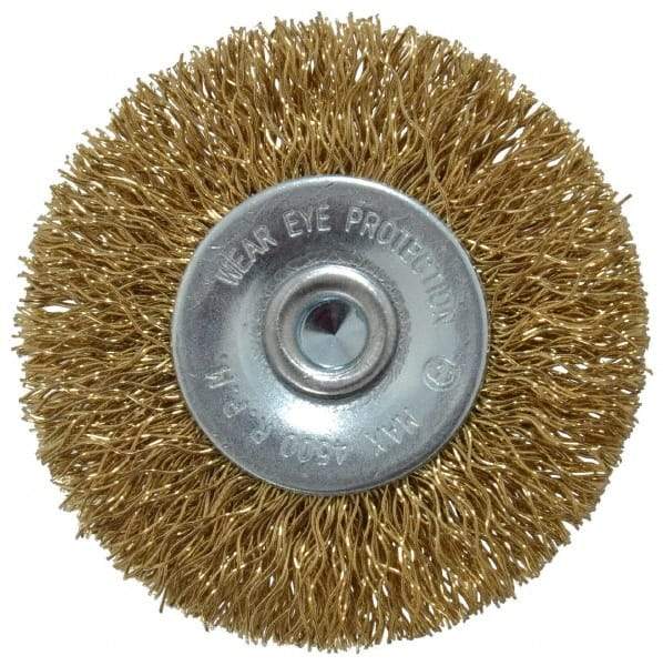 Value Collection - 2" OD, 1/4" Shank Diam, Crimped Brass-Coated Steel Wheel Brush - 9/32" Face Width, 3/8" Trim Length, 0.015" Filament Diam, 4,500 RPM - Makers Industrial Supply