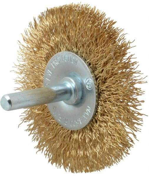 Value Collection - 2-1/2" OD, 1/4" Shank Diam, Crimped Brass-Coated Steel Wheel Brush - 11/32" Face Width, 1/2" Trim Length, 0.015" Filament Diam, 4,500 RPM - Makers Industrial Supply