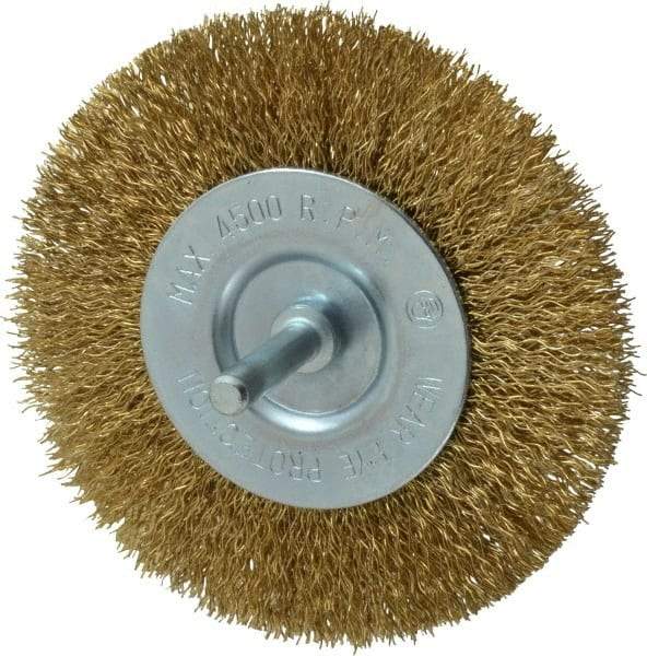 Value Collection - 4" OD, 1/4" Shank Diam, Crimped Brass-Coated Steel Wheel Brush - 15/32" Face Width, 7/8" Trim Length, 0.015" Filament Diam, 4,500 RPM - Makers Industrial Supply