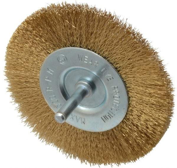 Value Collection - 4" OD, 1/4" Shank Diam, Crimped Brass-Coated Steel Wheel Brush - 15/32" Face Width, 7/8" Trim Length, 0.008" Filament Diam, 4,500 RPM - Makers Industrial Supply