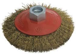 Value Collection - 4" OD, M14x2.00 Arbor Hole, Crimped Brass-Coated Steel Wheel Brush - 3/8" Face Width, 0.012" Filament Diam, 12,500 RPM - Makers Industrial Supply