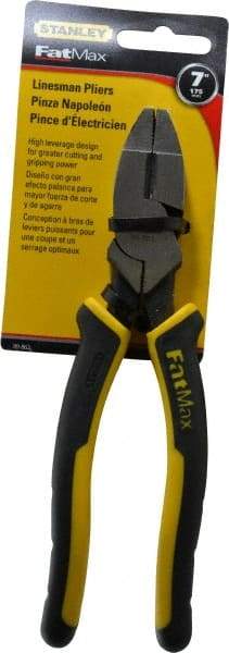 Stanley - 7-5/8" OAL, 1-1/2" Jaw Length x 1" Jaw Width, Side Cutting Linesman's Pliers - Serrated Jaw, Flat Nose Head, Bi-Material Cushion Grip Handles - Makers Industrial Supply