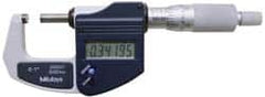 Mitutoyo - 0.001 mm Resolution, Standard Throat, Electronic Outside Micrometer - Includes Stand - Makers Industrial Supply