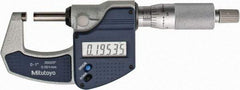 Mitutoyo - 0 to 1" Range, 0.0001" Resolution, Standard Throat, Electronic Outside Micrometer - 0.0001" Accuracy, Ratchet Stop Thimble, Carbide Face, SR44 Battery, Plastic Case, Includes NIST Traceable Certification of Inspection - Makers Industrial Supply