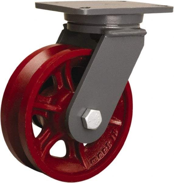 Hamilton - 8" Diam x 2-3/4" Wide, Iron Swivel Caster - 2,500 Lb Capacity, Top Plate Mount, 5-1/4" x 7-1/4" Plate, Straight Roller Bearing - Makers Industrial Supply