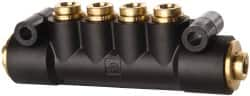 Parker - 1/4" Inlet, 1/4" Outlet Manifold - 3.98" Long x 0.9" Wide 0.21" Mount Hole, 200°F Max, 150 Max PSI, 2 Inlet Ports, 4 Outlet Ports - Makers Industrial Supply