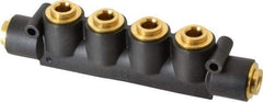 Parker - 3/8" Inlet, 3/8" Outlet Manifold - 6.49" Long x 1.02" Wide 0.22" Mount Hole, 200°F Max, 150 Max PSI, 2 Inlet Ports, 4 Outlet Ports - Makers Industrial Supply