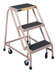 Gillis - 30" 3 Step Ladder - Rolling Steel Office Ladder, 300 Lb Capacity, 30" Platform Height, 24" Base Width x 27" Depth, Rubber Matted - Makers Industrial Supply