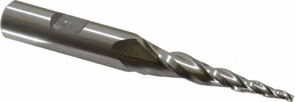 Made in USA - 5° Taper Angle per Side, 3/32" Small End Diam, 1-3/4" LOC, High Speed Steel 3 Flute Tapered Square End Mill - 3-1/2" OAL, 1/2" Shank Diam, Spiral Flute - Makers Industrial Supply