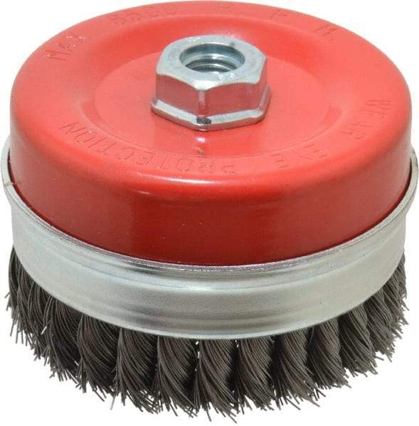 Value Collection - 4-3/8" Diam, 5/8-11 Threaded Arbor, Steel Fill Cup Brush - 0.02 Wire Diam, 6,500 Max RPM - Makers Industrial Supply