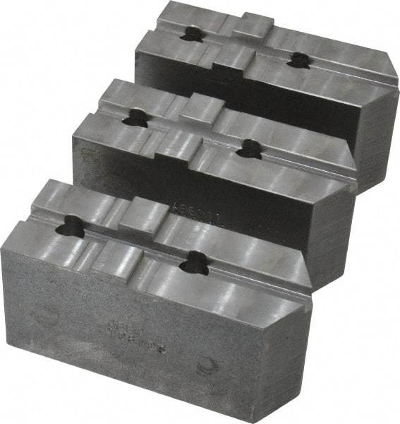 Abbott Workholding Products - 8" & Up Chuck Capacity, Tongue & Groove Attachment, Square Soft Lathe Chuck Jaw - 3 Jaws, Steel, 1-3/4" Btw Mount Hole Ctrs, 4" Long x 1-1/2" Wide x 2" High, 5/16" Groove, 3/8" Fastener - Makers Industrial Supply