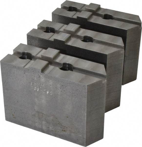 Abbott Workholding Products - 8" & Up Chuck Capacity, Tongue & Groove Attachment, Square Soft Lathe Chuck Jaw - 3 Jaws, Steel, 1-3/4" Btw Mount Hole Ctrs, 4" Long x 1-1/2" Wide x 3" High, 5/16" Groove, 1/2" Fastener - Makers Industrial Supply