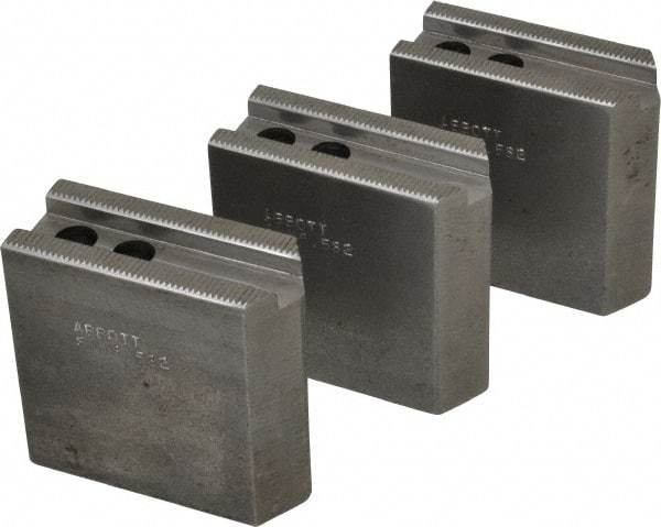 Abbott Workholding Products - 6-1/2" Chuck Capacity, 1/16" x 90 Serrated Attachment, Square Soft Lathe Chuck Jaw - 3 Jaws, Steel, 0.65" Btw Mount Hole Ctrs, 3" Long x 1-1/4" Wide x 3" High, 0.551" Groove, 0.3937" & 10mm Fastener - Makers Industrial Supply