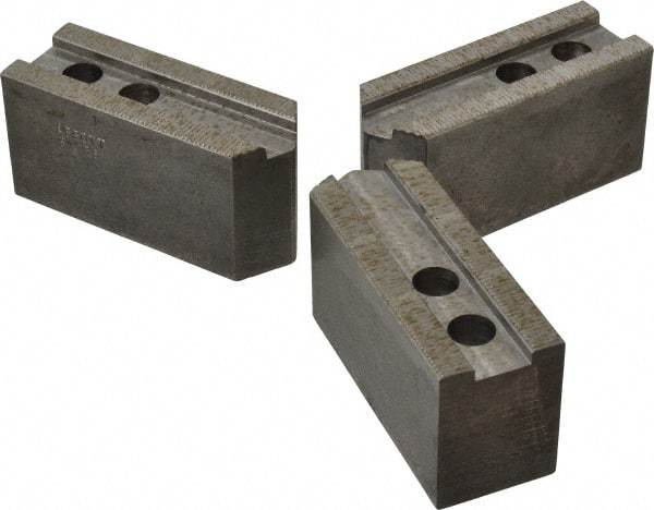 Abbott Workholding Products - 8" & Up Chuck Capacity, 1/16" x 90 Serrated Attachment, Square Soft Lathe Chuck Jaw - 3 Jaws, Steel, 29/32" Btw Mount Hole Ctrs, 4" Long x 1-1/2" Wide x 2" High, 0.669" Groove, 0.4724" & 12mm Fastener - Makers Industrial Supply