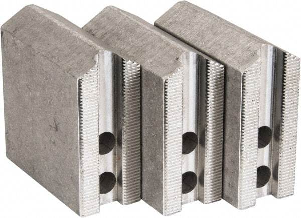 Abbott Workholding Products - 6" & Up Chuck Capacity, 1.5mm x 60° Serrated Attachment, Square Soft Lathe Chuck Jaw - 3 Jaws, Aluminum, 0.7874" Btw Mount Hole Ctrs, 3" Long x 1-1/4" Wide x 3" High, 0.4724" Groove, 0.3937" & 10mm Fastener - Makers Industrial Supply