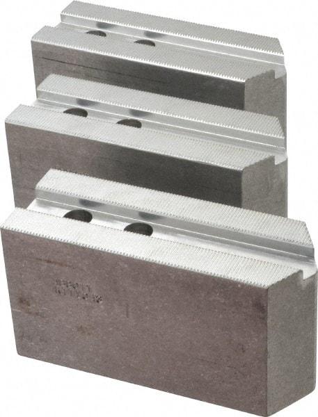 Abbott Workholding Products - 10" & Up Chuck Capacity, 1.5mm x 60° Serrated Attachment, Square Soft Lathe Chuck Jaw - 3 Jaws, Aluminum, 1.1811" Btw Mount Hole Ctrs, 5-1/2" Long x 2" Wide x 3" High, 0.6299" Groove, 0.4724" & 12mm Fastener - Makers Industrial Supply