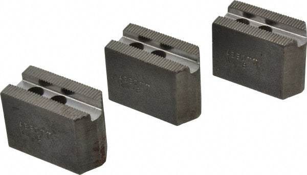 Abbott Workholding Products - 4" & Up Chuck Capacity, 1.5mm x 60° Serrated Attachment, Square Soft Lathe Chuck Jaw - 3 Jaws, Steel, 0.5512" Btw Mount Hole Ctrs, 2" Long x 1" Wide x 1-1/2" High, 0.3937" Groove, 0.315" & 8mm Fastener - Makers Industrial Supply