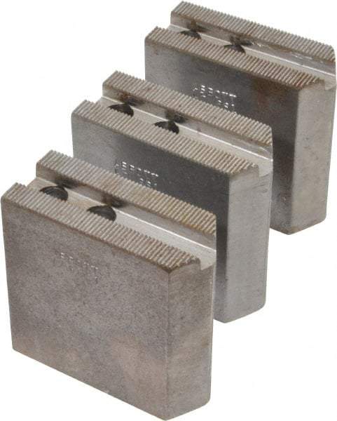 Abbott Workholding Products - 6" & Up Chuck Capacity, 1.5mm x 60° Serrated Attachment, Square Soft Lathe Chuck Jaw - 3 Jaws, Steel, 0.7874" Btw Mount Hole Ctrs, 3" Long x 1-1/4" Wide x 3" High, 0.4331" Groove, 0.3937" & 10mm Fastener - Makers Industrial Supply