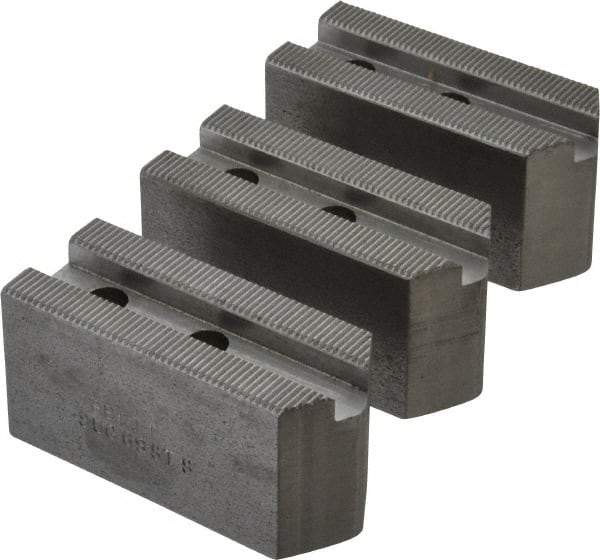 Abbott Workholding Products - 6" & Up Chuck Capacity, 1.5mm x 60° Serrated Attachment, Square Soft Lathe Chuck Jaw - 3 Jaws, Steel, 63/64" Btw Mount Hole Ctrs, 3" Long x 1-1/4" Wide x 1-1/2" High, 0.4331" Groove, 0.315" & 8mm Fastener - Makers Industrial Supply