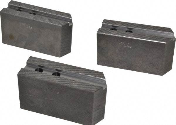 Abbott Workholding Products - 10" & Up Chuck Capacity, 1.5mm x 60° Serrated Attachment, Square Soft Lathe Chuck Jaw - 3 Jaws, Steel, 1.1811" Btw Mount Hole Ctrs, 5-1/2" Long x 2" Wide x 3" High, 0.6299" Groove, 0.4724" & 12mm Fastener - Makers Industrial Supply