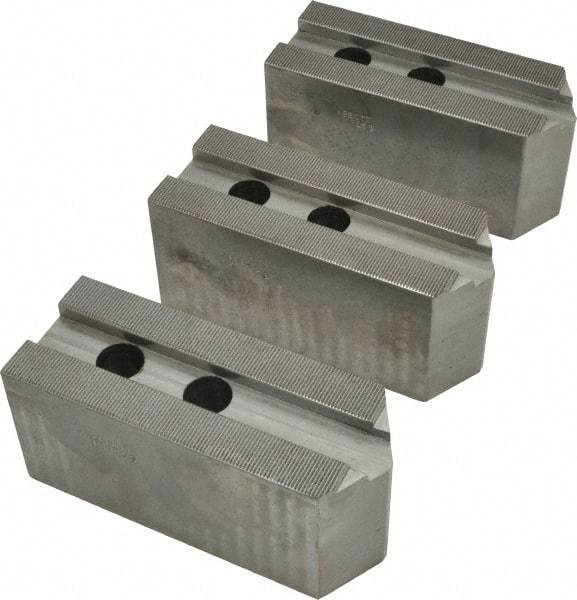 Abbott Workholding Products - 15 to 18" Chuck Capacity, 1.5mm x 60° Serrated Attachment, Square Soft Lathe Chuck Jaw - 3 Jaws, Steel, 1.6929" Btw Mount Hole Ctrs, 6-1/2" Long x 2-1/2" Wide x 3" High, 0.8661" Groove, 0.7874" & 20mm Fastener - Makers Industrial Supply