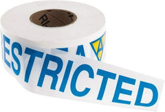 NMC - 1,000' Long x 3" Wide Roll, Vinyl, White, Blue & Yellow Barricade Tape - Message: Restricted Area - Makers Industrial Supply