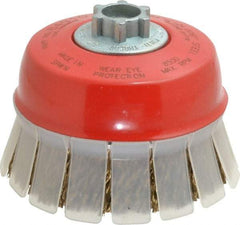 JAZ USA - 4" Diam, 5/8-11 & M14x2.00 Threaded Arbor, Steel Fill Cup Brush - 0.009 Wire Diam, 1-3/16" Trim Length, 8,500 Max RPM - Makers Industrial Supply