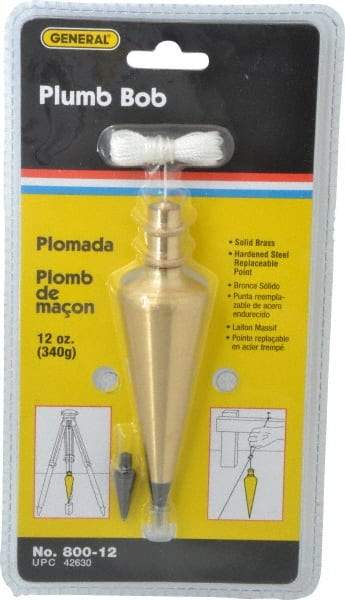 General - 5 Inch Long, 1-3/8 Inch Diameter Brass Plumb Bob - 12 Ounce, Has Replacable Tip - Makers Industrial Supply