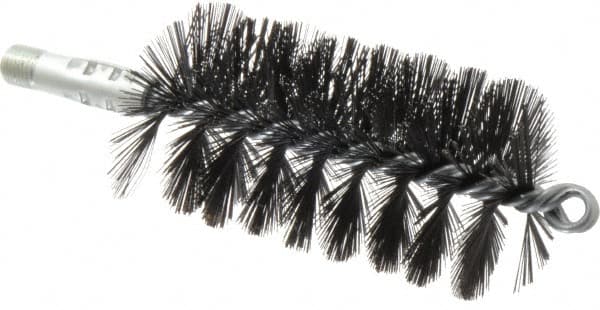 Schaefer Brush - 4-1/2" Brush Length, 2-1/2" Diam, Double Stem, Single Spiral Flue Brush - 7-1/2" Long, Tempered Steel Wire, 1/4" NPSM Male Connection - Makers Industrial Supply