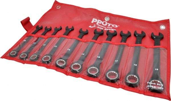 Proto - 10 Piece, 10mm to 19mm, 12 Point Combination Wrench Set - Metric Measurement Standard, Black/Chrome Finish, Comes in Pouch - Makers Industrial Supply