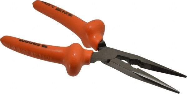 Facom - 8-9/32" OAL, 2-23/32" Jaw Length x 1-3/8" Jaw Width, Long Nose Side Cutting Burnished Insulated Pliers - Serrated Jaw, Half Round Nose Head, Plastic Coated Handles - Makers Industrial Supply